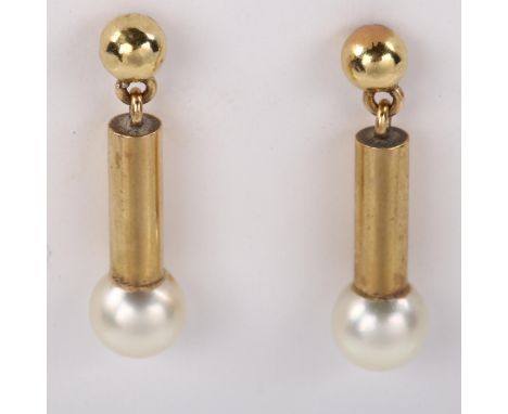 A pair of 9ct gold pearl drop earrings, with stud fittings, earring height 27.4mm, 3.4g1 ball fitting has a few light dents o