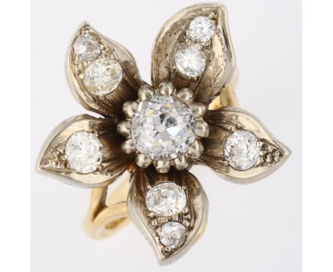 A diamond flowerhead dress ring, unmarked gold and silver settings, set with old European and modern round brilliant-cut diam