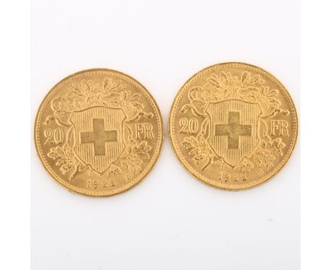 2 Switzerland 20 francs gold coins, both 1922, 12.9g total (2)Light surface abrasions and light wear to high points 