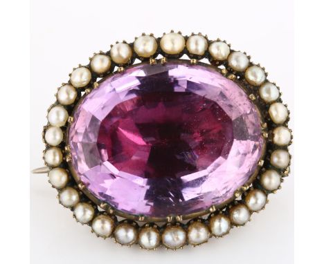 A Victorian foil-backed amethyst and pearl cluster brooch, unmarked yellow metal closed-back settings, brooch length 29.7mm, 