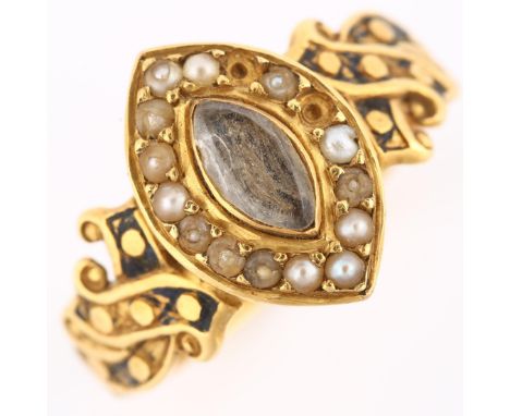 An early 20th century 18ct gold pearl marquise memorial ring, with central glass panel surrounded by split pearls with black 