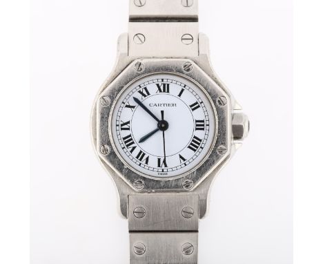 CARTIER - a lady's stainless steel Santos Octagon automatic bracelet watch, white dial with Roman numeral hour markers, blued
