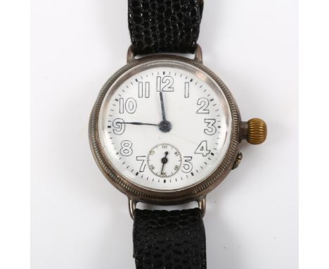 An early 20th century silver Borgel Officer's trench mechanical wristwatch, white enamel dial with Arabic numerals, subsidiar