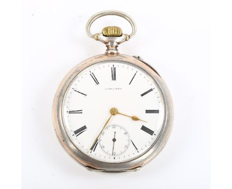 LONGINES - a Continental silver open-face keyless pocket watch, white enamel dial with Roman numeral hour markers, subsidiary