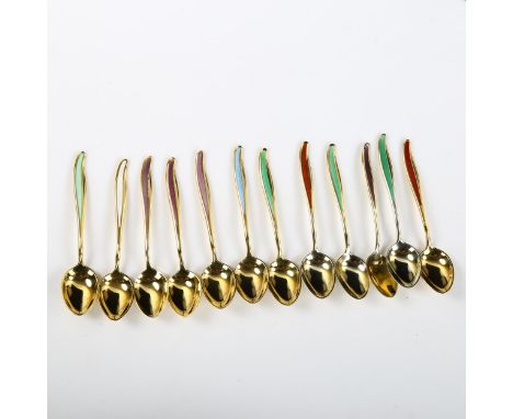 ABSA - a set of 12 Danish vermeil sterling silver and harlequin enamel coffee spoons, length 9cmNo damage or repairs, no enam