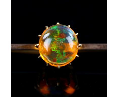 An Antique 9ct rose gold fire opal bar brooch, set with round cabochon fire opal, opal measures: 10.79mm - 11.25mm x 5.21mm, 