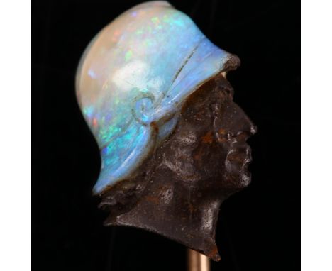 A fine 19th century opal cameo stickpin, probably by Wilhelm Schmidt, unmarked gold settings, carved 3-dimensionally from a s