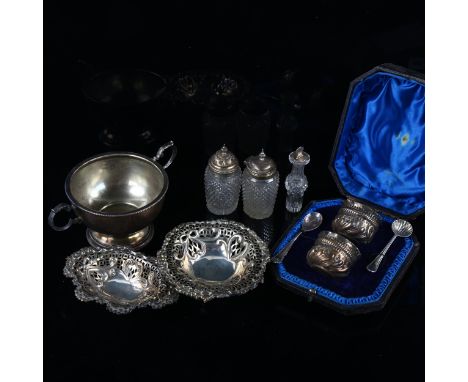 Various silver, including 2-handled trophy, basket, pair of salt cellars etc, 7.7oz weighableLot sold as seen unless specific