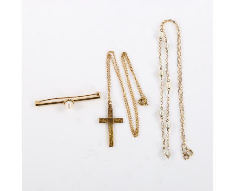 Various 9ct gold jewellery, comprising cross pendant necklace, pearl bar brooch, and necklace, 5.8g gross (3)Lot sold as seen