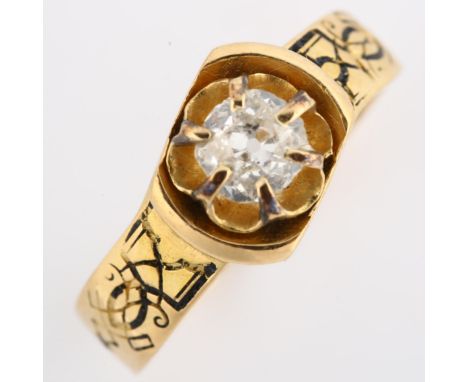 A 19th century solitaire diamond memorial ring, unmarked gold settings with 0.4ct old European-cut diamond and black enamel e