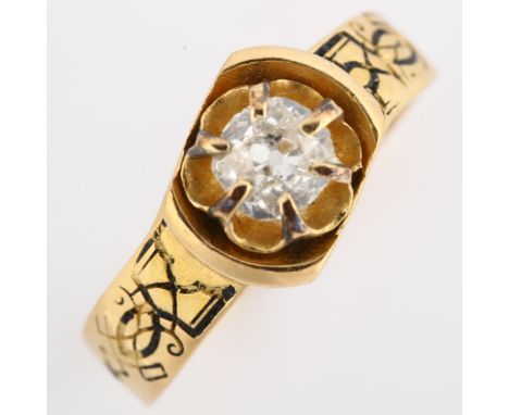 A 19th century solitaire diamond memorial ring, unmarked gold settings with 0.4ct old European-cut diamond and black enamel e