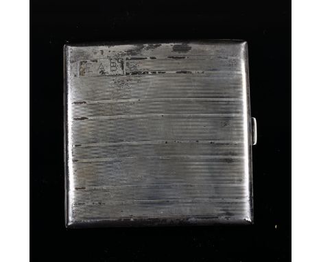 An Art Deco George V square curved silver cigarette case, allover engine turned decoration with gilt interior, by William Nea