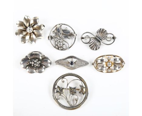 7 Danish silver floral brooches, makers include Hermann Siersbol and John Lauritzen, largest diameter 47.8mm, 46.3g total (7)