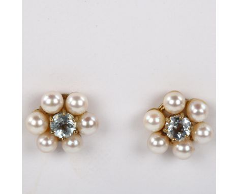 A pair of late 20th century 9ct gold aquamarine and pearl cluster earrings, with stud fittings, hallmarks London 1990, earrin