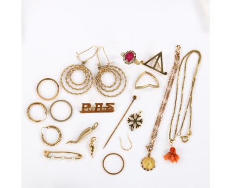 Various gold jewellery, comprising 9ct, 23g gross, 18ct, 0.5g, and 6 x unmarked pieces, 8.6g grossLot sold as seen unless spe