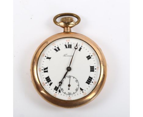 TAVANNES - a gold plated open-face keyless pocket watch, white enamel dial with Roman numeral hour markers, blued steel hands