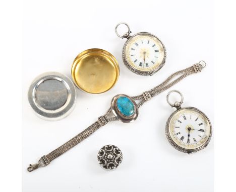 Various silver jewellery, including fob watches, bracelet, boxes etcLot sold as seen unless specific item(s) requested 