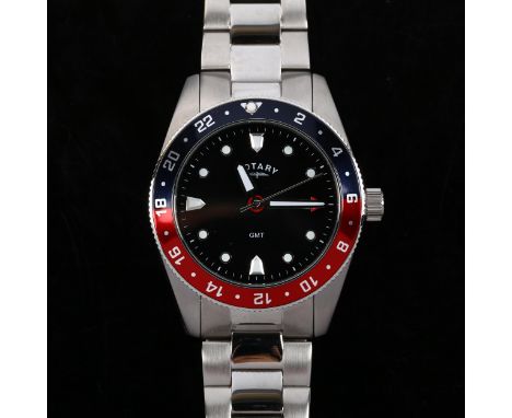 ROTARY - a stainless steel GMT quartz bracelet watch, black dial with blue and red bezel, sweep centre seconds hand and date 