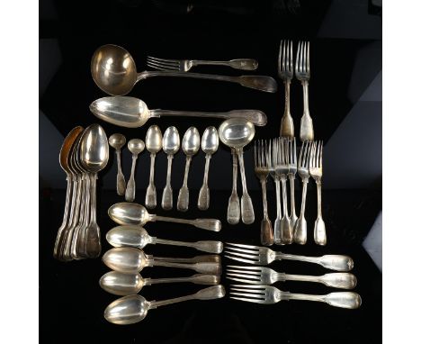 A part-set of 19th century silver Fiddle & Thread pattern cutlery, comprising punch ladle, gravy spoon, 6 x dinner forks, 6 x