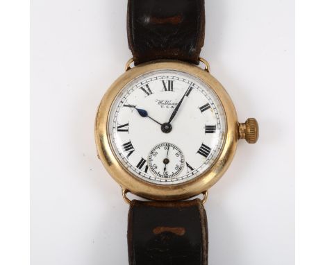 WALTHAM - an early 20th century 9ct gold Officer's style wristwatch, white enamel dial with Roman numeral hour markers, subsi