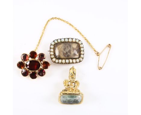 3 pieces of Victorian jewellery, comprising unmarked yellow metal seal fob, garnet cluster brooch and pearl memorial brooch, 