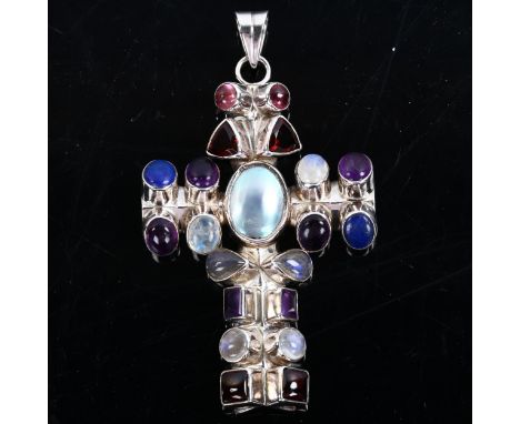 A large silver gem set cross pendant, gemstones include garnet lapis lazuli pearl etc, pendant height 91.6mm, 40.4gNo damage 
