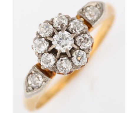 An Antique diamond cluster flowerhead dress ring, unmarked gold settings with modern round brilliant and old-cut diamonds, to