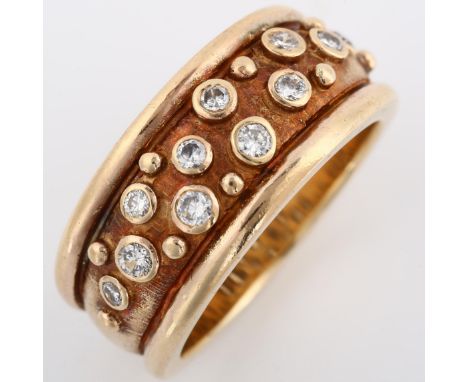 A heavy 9ct rose gold diamond band ring, in the style of Elizabeth Gage, set with modern round brilliant-cut diamonds and tex