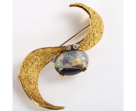 A 1970s Continental 18ct gold opal and diamond modernist abstract brooch, textured S shape design set with oval cabochon opal