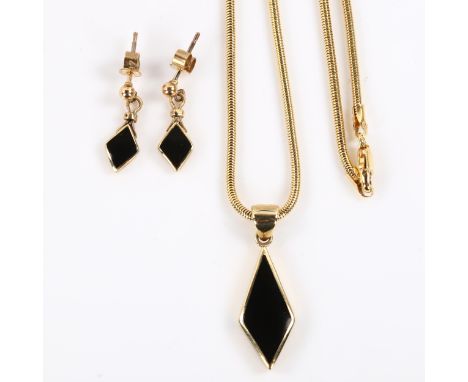 A modern 9ct gold black enamel lozenge matching pendant necklace and earring set, pendant height 28.6mm, chain length 40cm, e