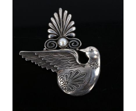 A large Eastern sterling silver and pearl bird brooch, maker's marks ER, brooch length 76.1mm, 32.4gNo damage or repairs, sli