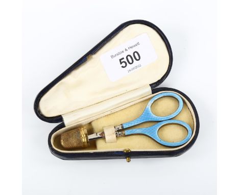 A leather-cased 2-piece silver and blue enamel sewing set, comprising scissors and thimble, size 8, by James Fenton, hallmark