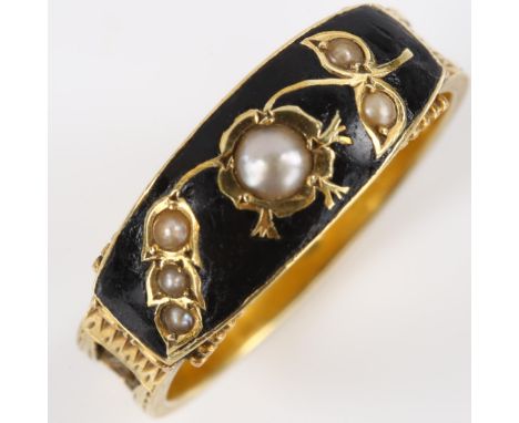 A 19th century 15ct gold pearl and black enamel memorial ring, with split pearl floral design and engraved shank with woven h