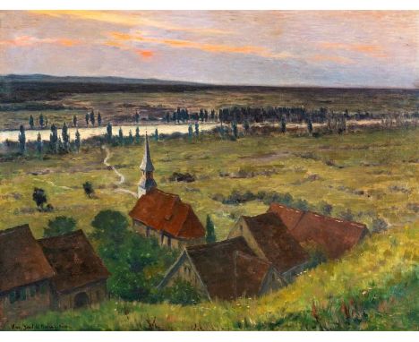 Bartels, Karl1867 Bielefeld - 1944 Hogschür. Idyllischer Weiler nahe einem pappelbestandenen Flussufer im Abendrot. Öl auf Le