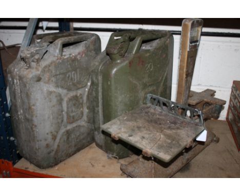 TWO JERRY CANS TOGETHER WITH A SET OF VINTAGE SCALES A/F