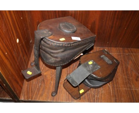 A SET OF VINTAGE FOOT BELLOWS BY T FLETCHER, MUSEUM ST., WARRINGTON TOGETHER WITH A SMALLER SET (2)