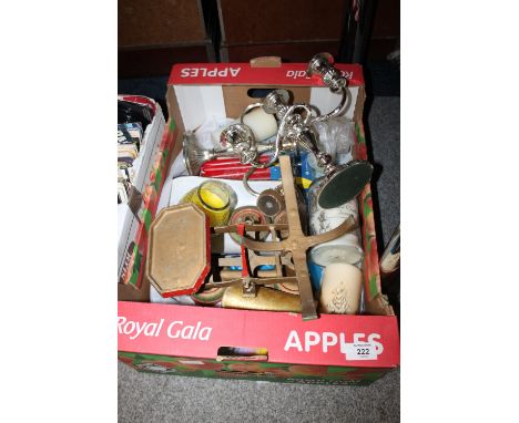 A TRAY OF SUNDRIES TO INCLUDE A CANDELABRA, SCALES ETC