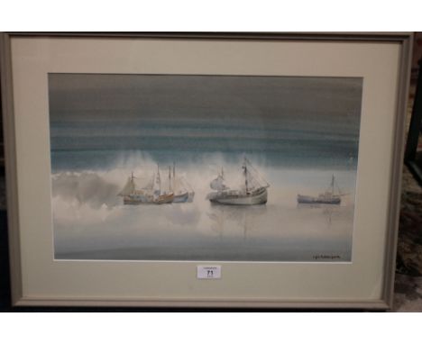 SYBIL MULLEN GLOVER (d.1995). Seascape with fishing boats and figures, signed lower right, watercolour, framed and glazed, 30
