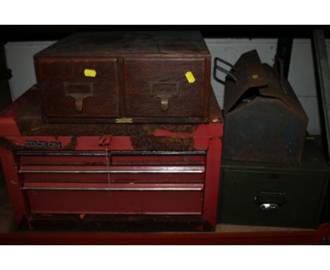 A TOOL CHEST AND TOOLBOX A/F TOGETHER WITH TWO SMALL FILING DRAWERS