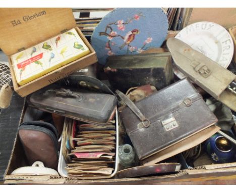 A TRAY OF VINTAGE COLLECTABLES TO INC A HAWKS AND SON MUSICAL INSTRUMENT