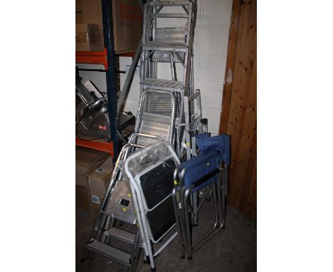 A QUANTITY OF STEP LADDERS PLUS A FOLD OUT CHAIR