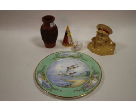 A CONICAL SHAPED WEDGWOOD CLARICE CLIFF COLLECTION SUGAR SIFTER TOGETHER WITH AN ORIENTAL TERRACOTTA VASE, ROYAL DOULTON ARMY