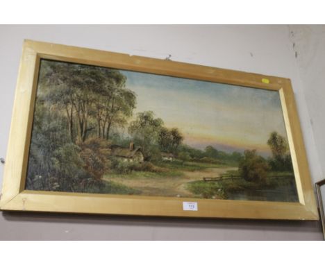 A LARGE VINTAGE GILT FRAMED OIL ON CANVAS DEPICTING A COUNTRY COTTAGE SCENE