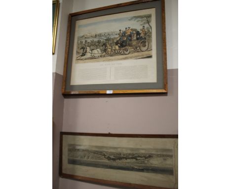 A VINTAGE FRAMED ENGRAVING DEPICTING A COACHING SCENE ENTITLED 'BIRTH DAY TEAM' TOGETHER WITH A FRAMED AND GLAZED ENGRAVING O