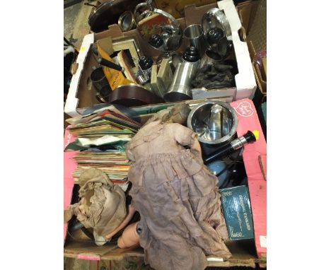 TWO TRAYS OF ASSORTED METALWARE AND SUNDRIES TO INCLUDE A VINTAGE DOLL A/F, 7" SINGES, CLOCKS ETC. 