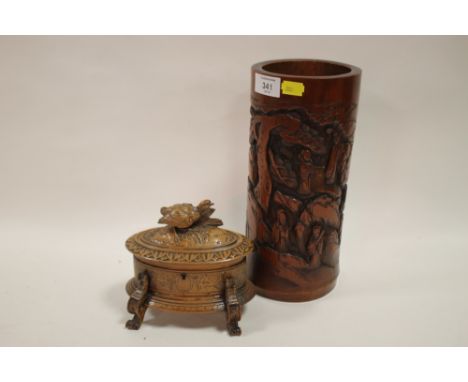 A LARGE ORIENTAL CARVED BAMBOO BRUSH POT TOGETHER WITH A CARVED TRINKET BOX WITH GAME BIRD DECORATION A/F