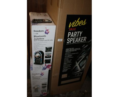 AN ALKAI PARTY SPEAKER TOGETHER WITH TWO BLUETOOTH JUKEBOXES A/F