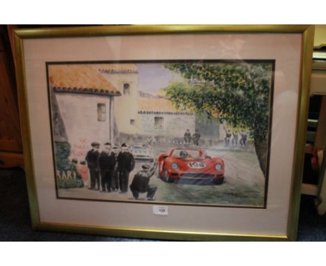 A FRAMED AND GLAZED WATERCOLOUR DEPICTING A VINTAGE FERRARI RACING CAR SIGNED LOWER RIGHT 'NINO VACCARELLA - FERRARI 375P2 LE