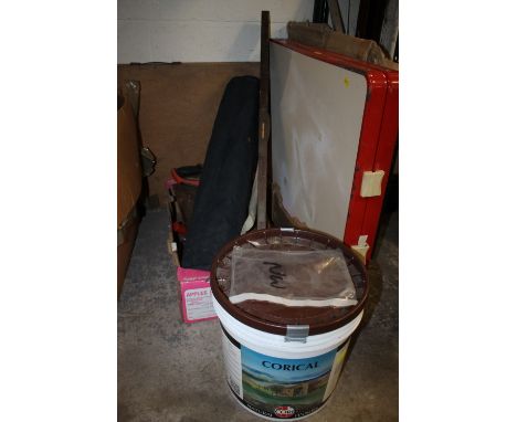TWO PASTING TABLES, A TRAY OF HAND TOOLS ETC PLUS A LARGE TUB OF CORICAL PAINT