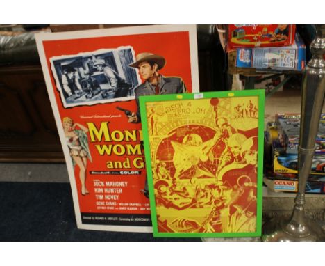 A VINTAGE STYLE FILM POSTED 'MONEY, WOMEN and GUNS' MOUNTED ON CARD, TOGETHER WITH  A 1971 MIKE HINGE SCI-FI POSTER (2)